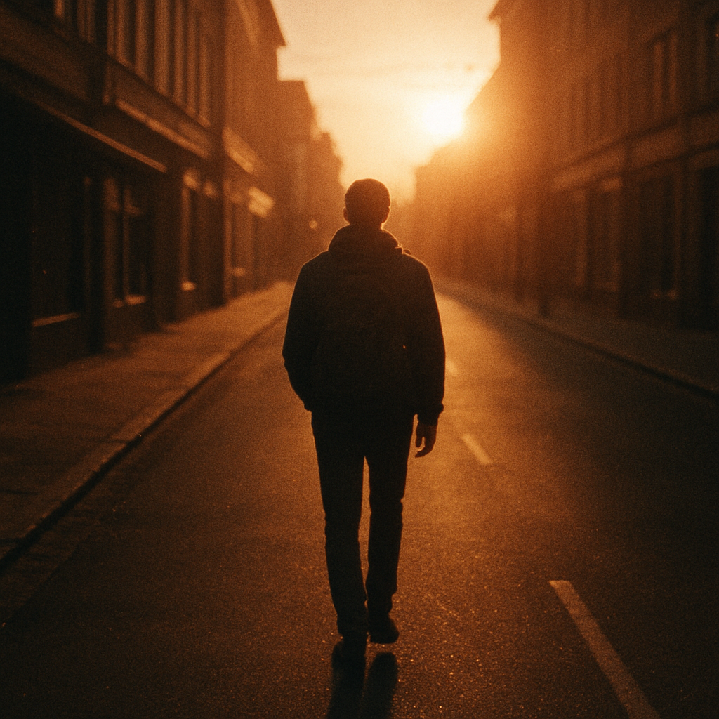 A person walking alone down a city street at golden hour
